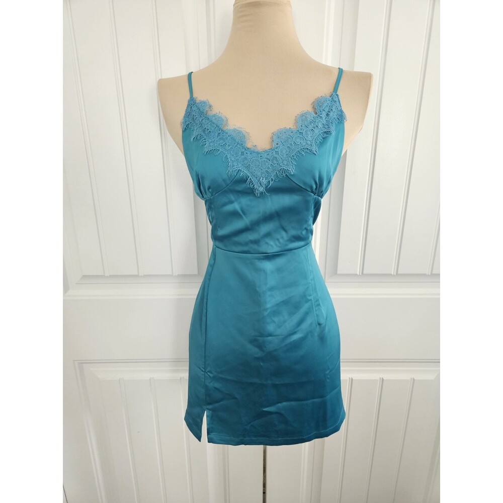 O. Vianca Teal Satin Lace Trim Mini Slip Dress V-Neck Side Slit Sz S Homecoming